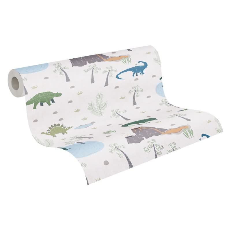 Dino Tapete Kinderzimmer Jungen Tapete Bunt Beige Grün Blau Vliestapete mit Vulkan und Dinosauriern (771401)