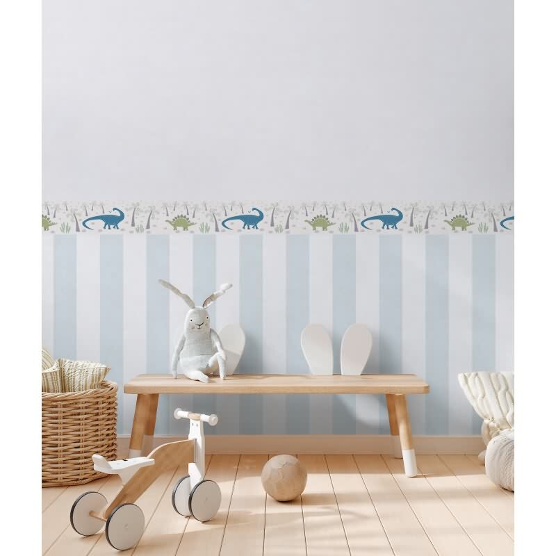 Dino Bordüre Kinderzimmer Beige Grün Blau Kindertapete Dinosaurier Vliestapete mit Vulkan (771411)