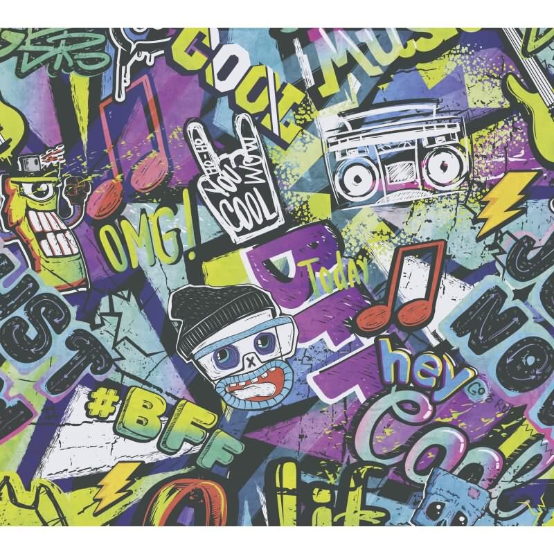 Graffiti-Tapete bunt Comic-Stil Mustertapete Streetart Look Vliestapete Jugendzimmer Jungen (771421)