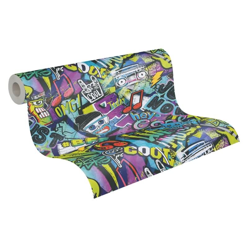 Graffiti-Tapete bunt Comic-Stil Mustertapete Streetart Look Vliestapete Jugendzimmer Jungen (771421)