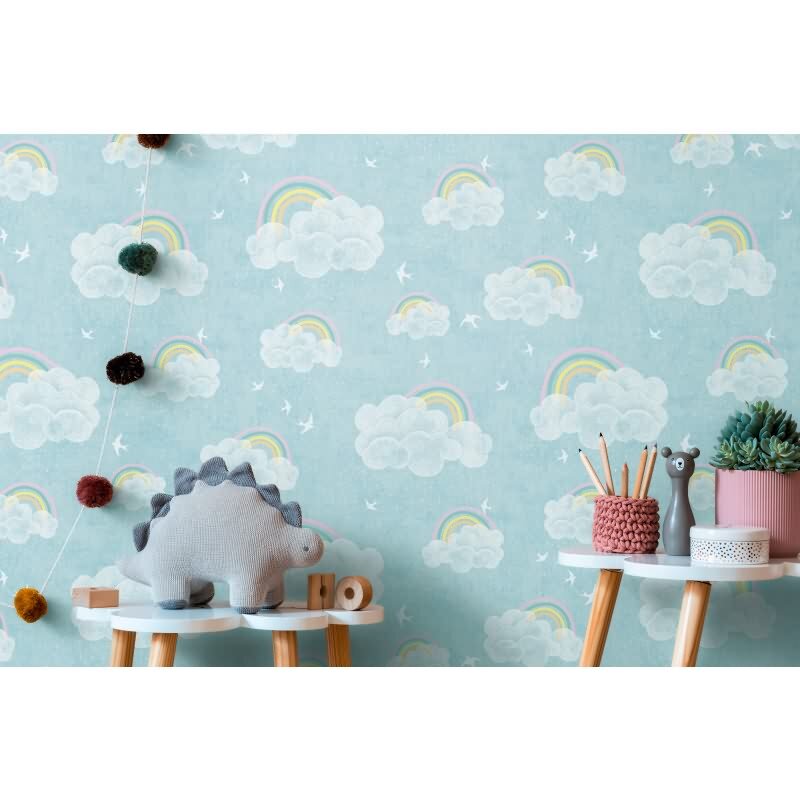 Wolken Tapete mit Regenbogen Blau Bunt Kinderzimmer Tapete mit Vögeln Vliestapete (771441)