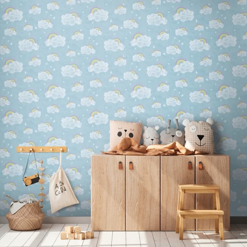 Wolken Tapete mit Regenbogen Blau Bunt Kinderzimmer Tapete mit Vögeln Vliestapete (771441)