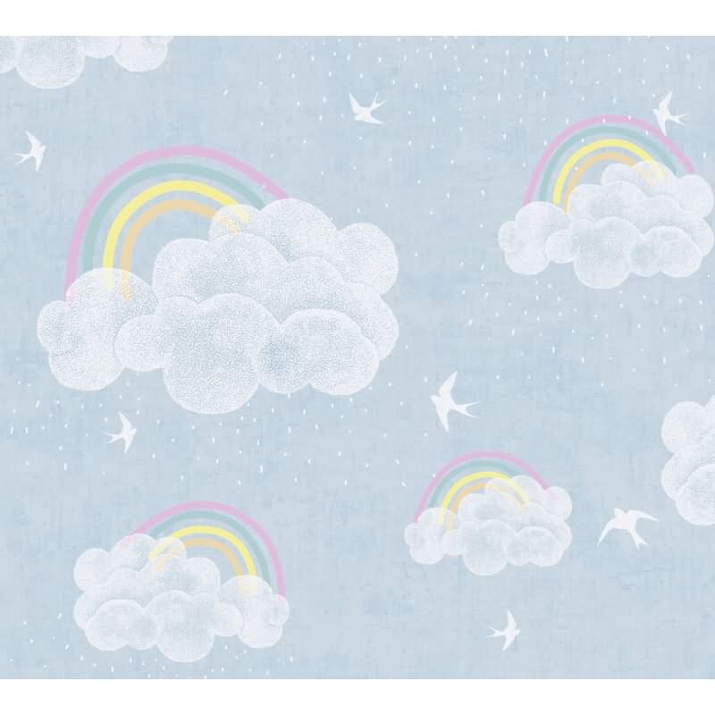Wolken Tapete mit Regenbogen Blau Bunt Kinderzimmer Tapete mit Vögeln Vliestapete (771441)