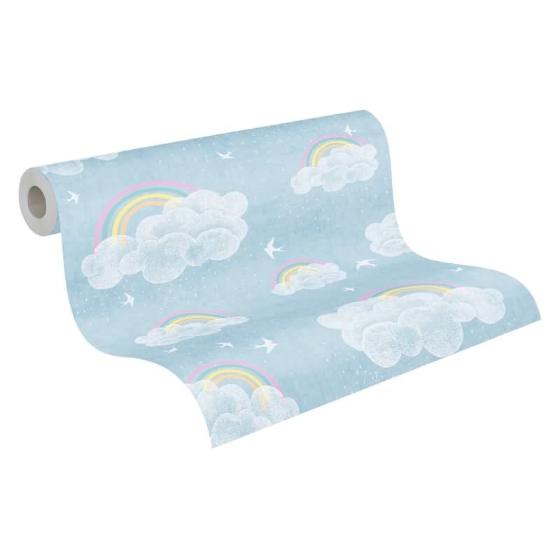 Wolken Tapete mit Regenbogen Blau Bunt Kinderzimmer Tapete mit Vögeln Vliestapete (771441)