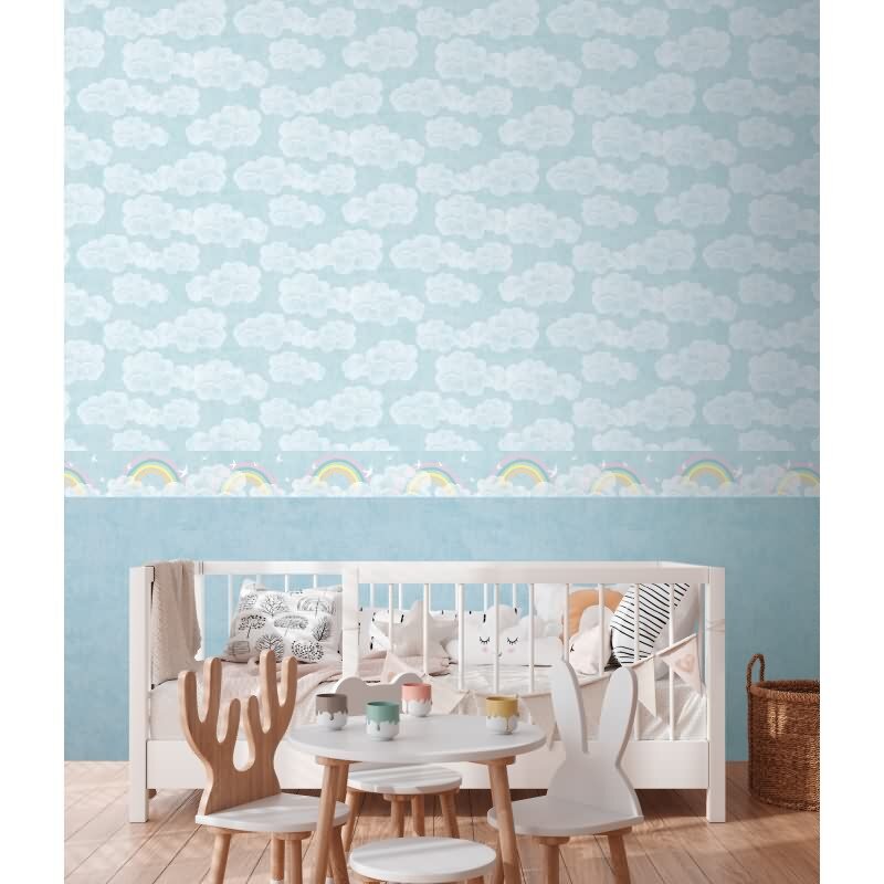 Bordüre mit Regenbogen und Wolken Blau Bunt Kinderzimmer Borte mit Vögeln (771451)