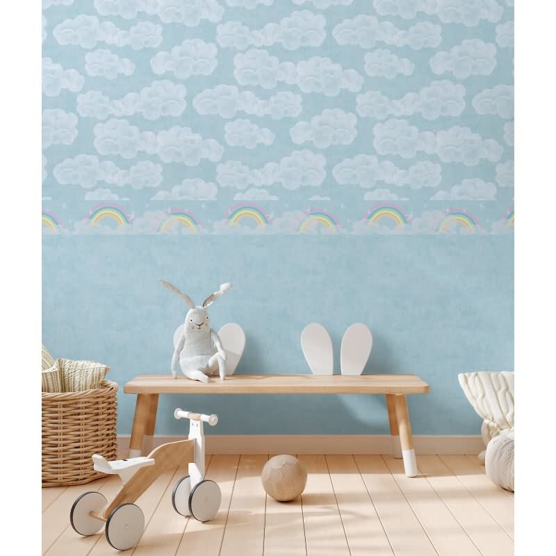 Bordüre mit Regenbogen und Wolken Blau Bunt Kinderzimmer Borte mit Vögeln (771451)