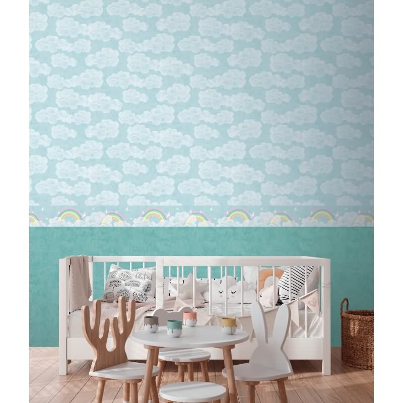 Bordüre mit Regenbogen und Wolken Blau Bunt Kinderzimmer Borte mit Vögeln (771451)