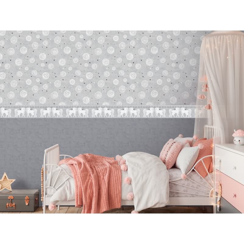 Einhorn Bordüre Grau Weiß Tapetenborte für Mädchenzimmer Kindertapete mit Fabelwesen (771471)