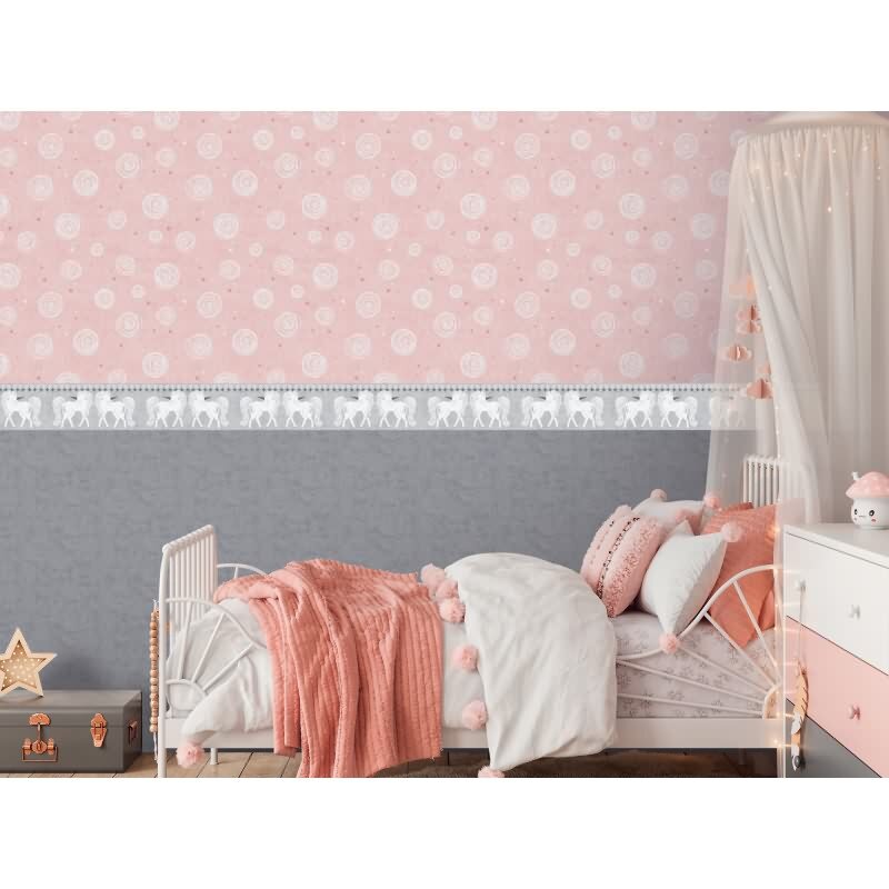 Einhorn Bordüre Grau Weiß Tapetenborte für Mädchenzimmer Kindertapete mit Fabelwesen (771471)