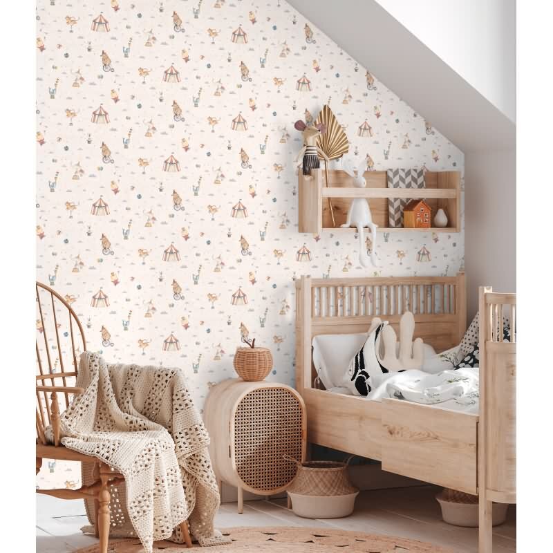 Zirkus-Tapete Hellbeige Bunt Kinderzimmer Vliestapete mit Zirkustieren Artistik (771481)