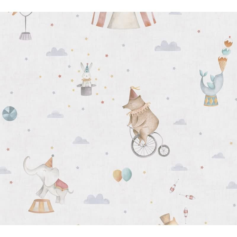 Zirkus-Tapete Hellbeige Bunt Kinderzimmer Vliestapete mit Zirkustieren Artistik (771481)