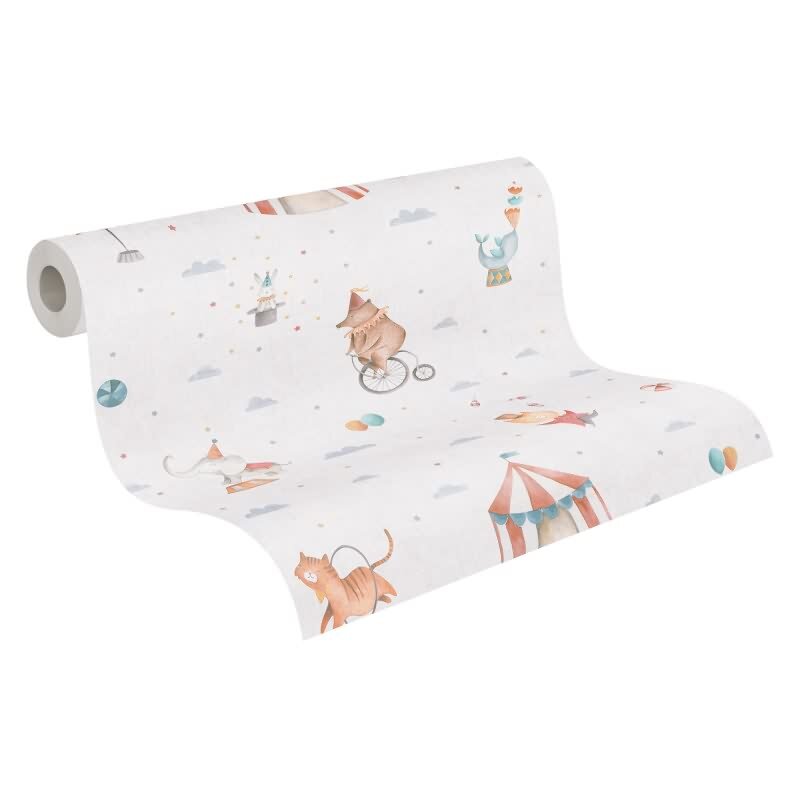 Zirkus-Tapete Hellbeige Bunt Kinderzimmer Vliestapete mit Zirkustieren Artistik (771481)