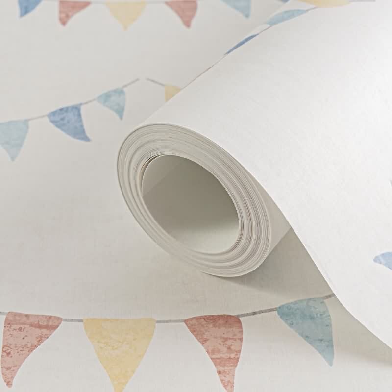 Wimpel-Tapete Bunt Beige Kinderzimmer Vliestapete mit Girlanden (771711)