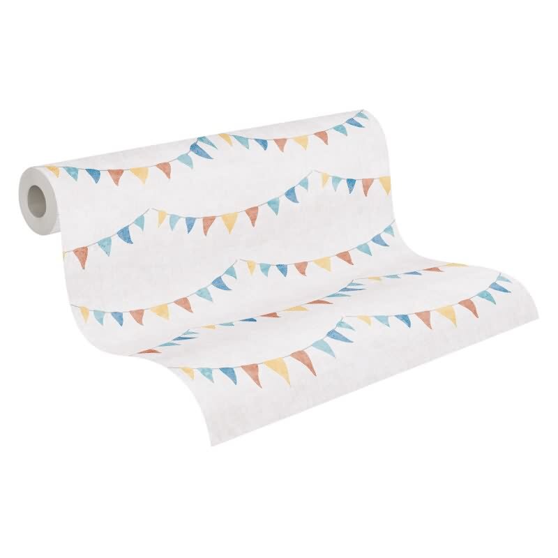 Wimpel-Tapete Bunt Beige Kinderzimmer Vliestapete mit Girlanden (771711)