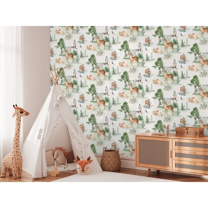 Tapete Kinderzimmer Junge Waldtiere Grün Beige Kindertapete Tiere im Wald Vliestapete (771721)