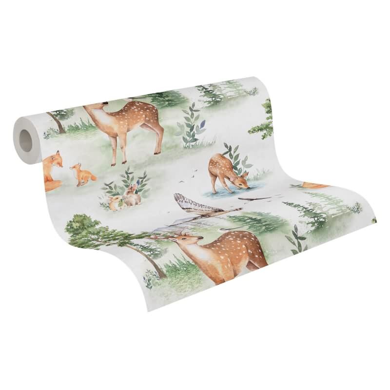 Tapete Kinderzimmer Junge Waldtiere Grün Beige Kindertapete Tiere im Wald Vliestapete (771721)