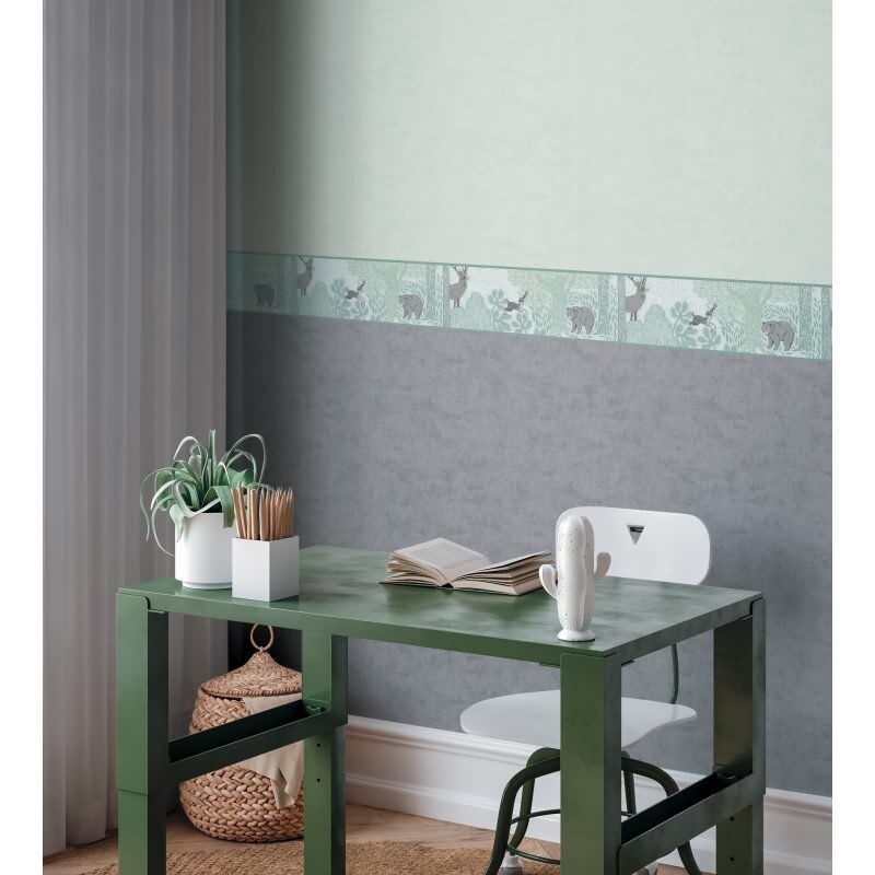 Tapetenborte Waldtiere in Grün Grau Tiermotiv Bordüre mit Bär Hirsch Vliestapete Kinderzimmer (771751)