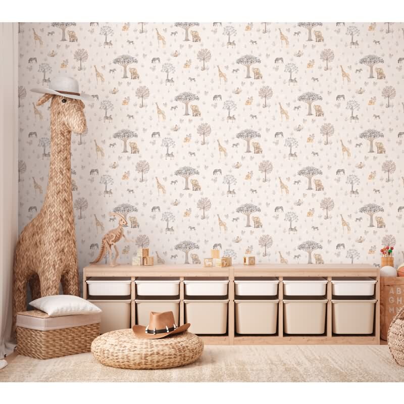 Kinderzimmer Tapete Sfarie Tiere Beige Vliestapete mit Giraffe Zebra Elefant Kindertapete (771761)