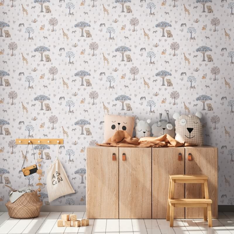 Kinderzimmer Tapete Sfarie Tiere Beige Vliestapete mit Giraffe Zebra Elefant Kindertapete (771761)