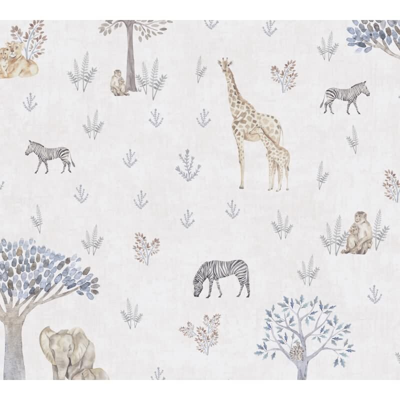 Kinderzimmer Tapete Sfarie Tiere Beige Vliestapete mit Giraffe Zebra Elefant Kindertapete (771761)
