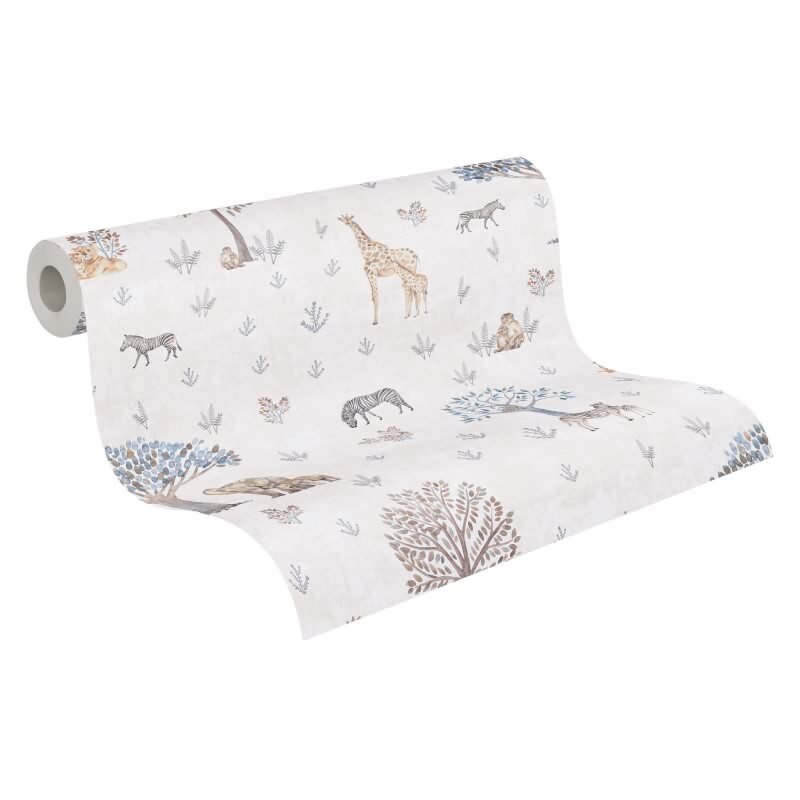 Kinderzimmer Tapete Sfarie Tiere Beige Vliestapete mit Giraffe Zebra Elefant Kindertapete (771761)