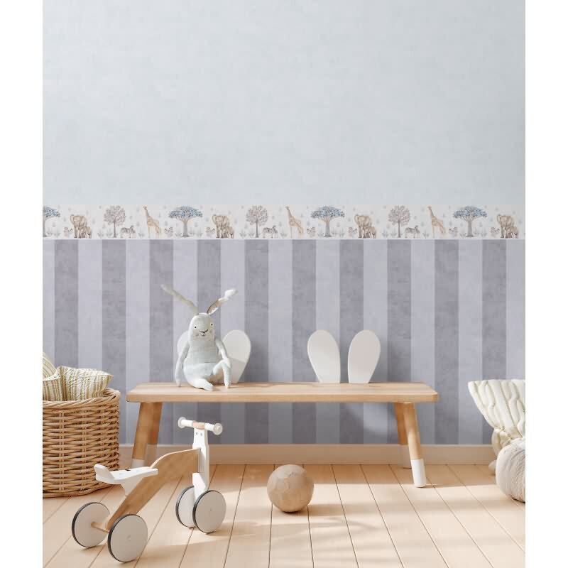 Bordüre Kinderzimmer Safarie Tiere Beige Tapetenbordüre mit Giraffe Zebra Elefant (771771)