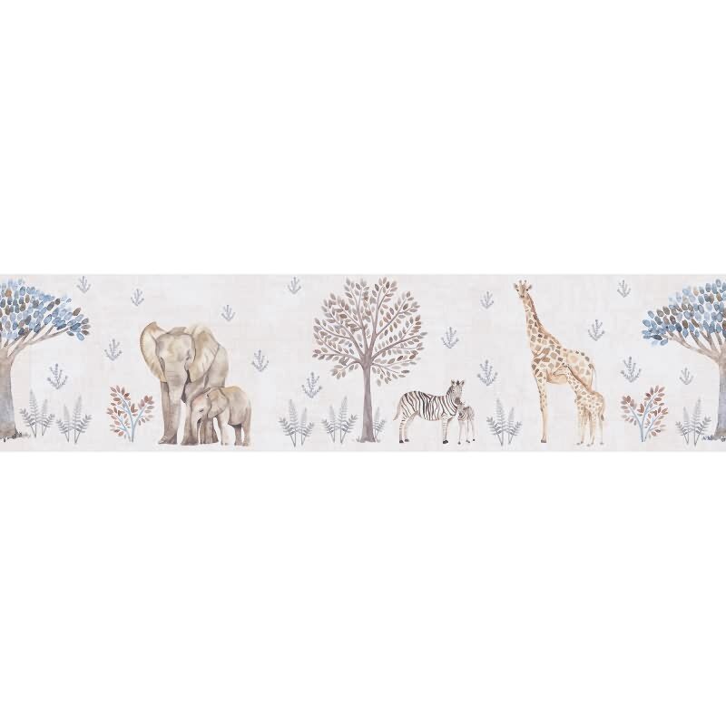 Bordüre Kinderzimmer Safarie Tiere Beige Tapetenbordüre mit Giraffe Zebra Elefant (771771)