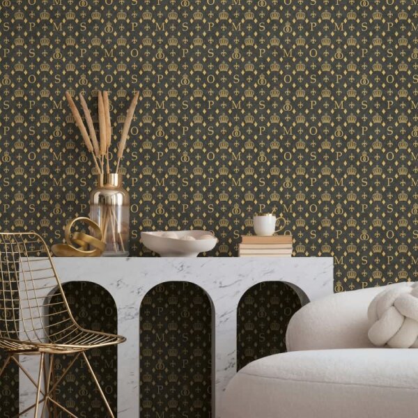 Vliestapete Kronen, Rauten Grafisch Designer matt in Schwarz für Wohnzimmer, Schlafzimmer (35609)