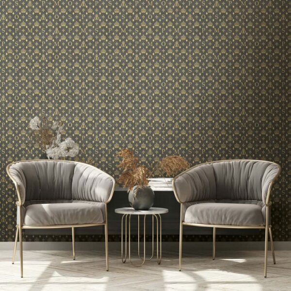 Vliestapete Kronen, Rauten Grafisch Designer matt in Schwarz für Wohnzimmer, Schlafzimmer (35609)