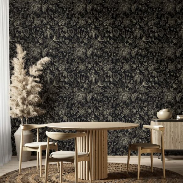 Vliestapete Blumen, Blätter Floral Natur matt in Schwarz für Wohnzimmer, Schlafzimmer, Büro (35617)