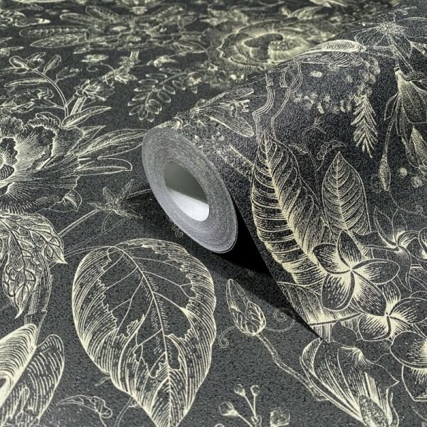 Vliestapete Blumen, Blätter Floral Natur matt in Schwarz für Wohnzimmer, Schlafzimmer, Büro (35617)