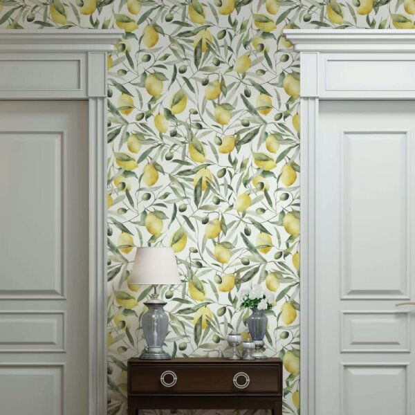 Vliestapete Zitronen, Blätter Floral Natur matt in Weiß für Wohnzimmer, Schlafzimmer (35618)