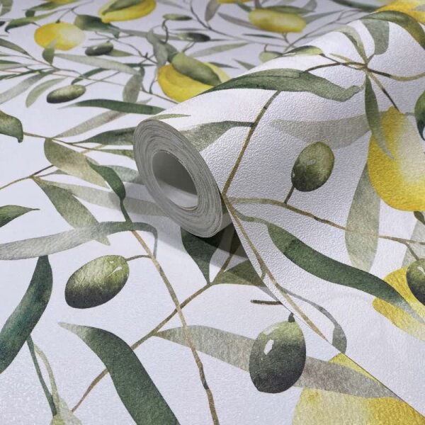 Vliestapete Zitronen, Blätter Floral Natur matt in Weiß für Wohnzimmer, Schlafzimmer (35618)