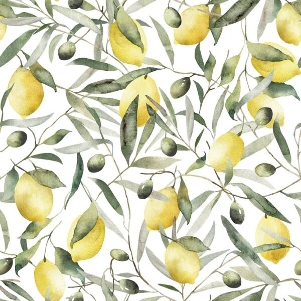 Vliestapete Zitronen, Blätter Floral Natur matt in Weiß für Wohnzimmer, Schlafzimmer (35618)