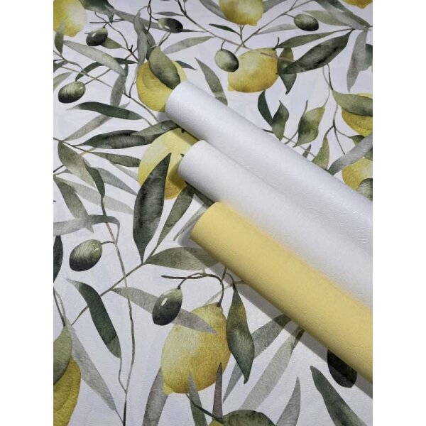 Vliestapete Zitronen, Blätter Floral Natur matt in Weiß für Wohnzimmer, Schlafzimmer (35618)