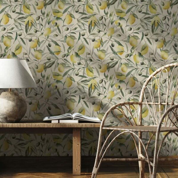 Vliestapete Zitronen, Blätter Floral Natur matt in Beige für Wohnzimmer, Schlafzimmer (35619)