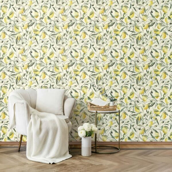 Vliestapete Zitronen, Blätter Floral Natur matt in Beige für Wohnzimmer, Schlafzimmer (35619)