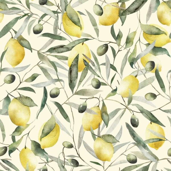 Vliestapete Zitronen, Blätter Floral Natur matt in Beige für Wohnzimmer, Schlafzimmer (35619)