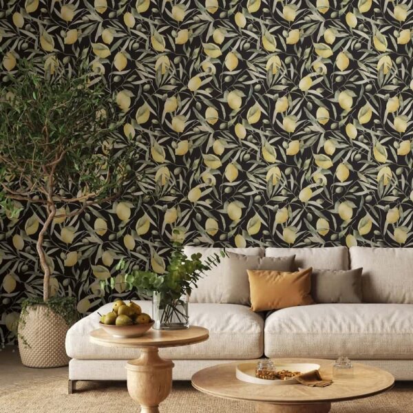 Vliestapete Zitronen, Blätter Floral Natur matt in Schwarz für Wohnzimmer, Schlafzimmer (35620)