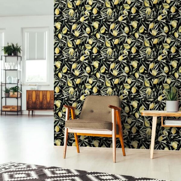 Vliestapete Zitronen, Blätter Floral Natur matt in Schwarz für Wohnzimmer, Schlafzimmer (35620)