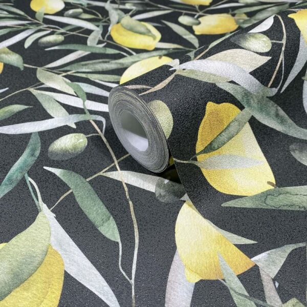 Vliestapete Zitronen, Blätter Floral Natur matt in Schwarz für Wohnzimmer, Schlafzimmer (35620)