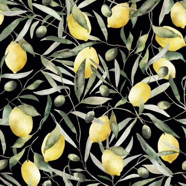 Vliestapete Zitronen, Blätter Floral Natur matt in Schwarz für Wohnzimmer, Schlafzimmer (35620)