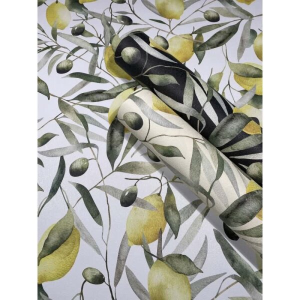 Vliestapete Zitronen, Blätter Floral Natur matt in Schwarz für Wohnzimmer, Schlafzimmer (35620)