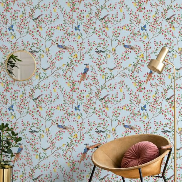 Vliestapete Vögel, Blumen Floral Natur matt in Blau für Wohnzimmer, Schlafzimmer (35621)