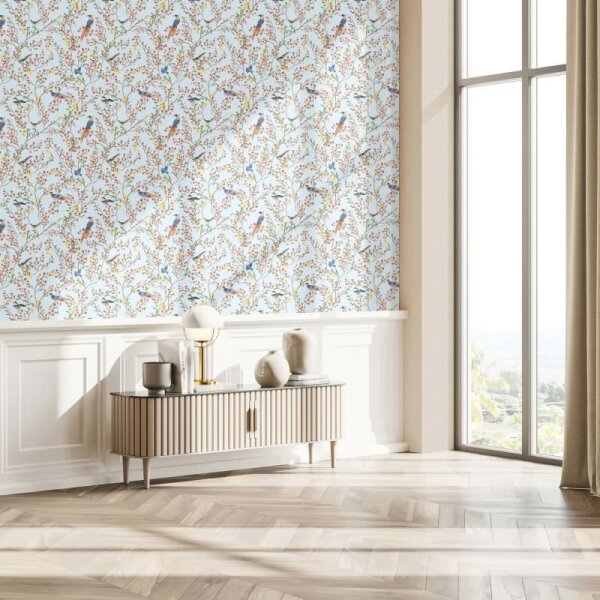 Vliestapete Vögel, Blumen Floral Natur matt in Blau für Wohnzimmer, Schlafzimmer (35621)