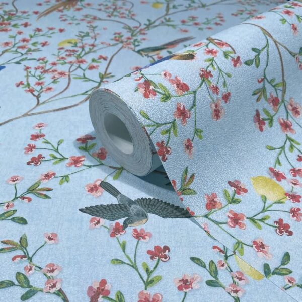 Vliestapete Vögel, Blumen Floral Natur matt in Blau für Wohnzimmer, Schlafzimmer (35621)