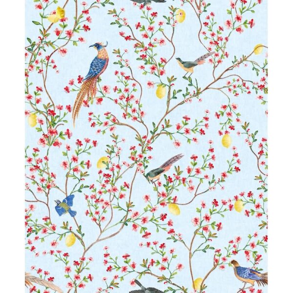 Vliestapete Vögel, Blumen Floral Natur matt in Blau für Wohnzimmer, Schlafzimmer (35621)