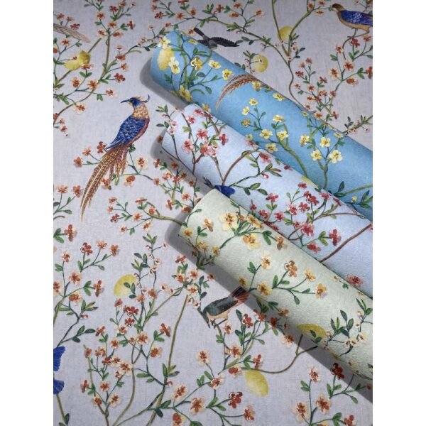 Vliestapete Vögel, Blumen Floral Natur matt in Blau für Wohnzimmer, Schlafzimmer (35621)