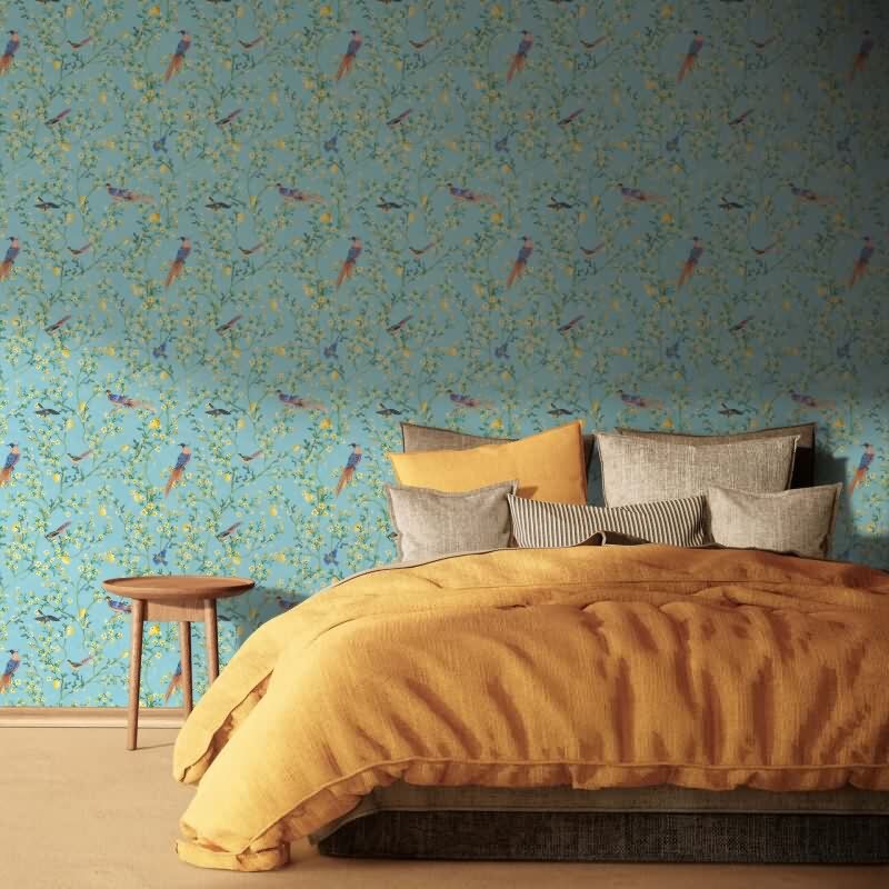 Vliestapete Vögel, Blumen Floral Natur matt in Blau für Wohnzimmer, Schlafzimmer (35622)