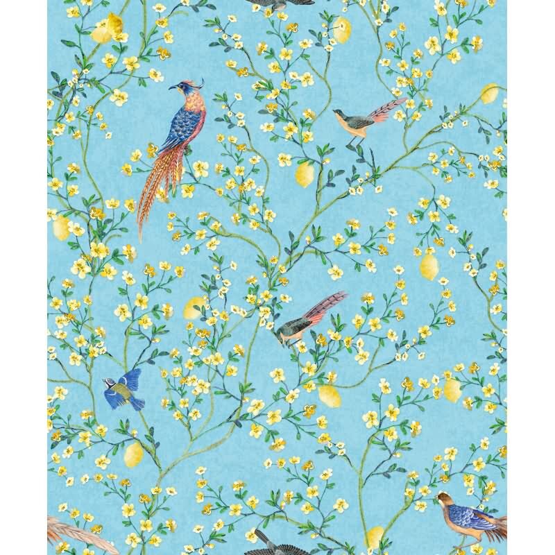 Vliestapete Vögel, Blumen Floral Natur matt in Blau für Wohnzimmer, Schlafzimmer (35622)